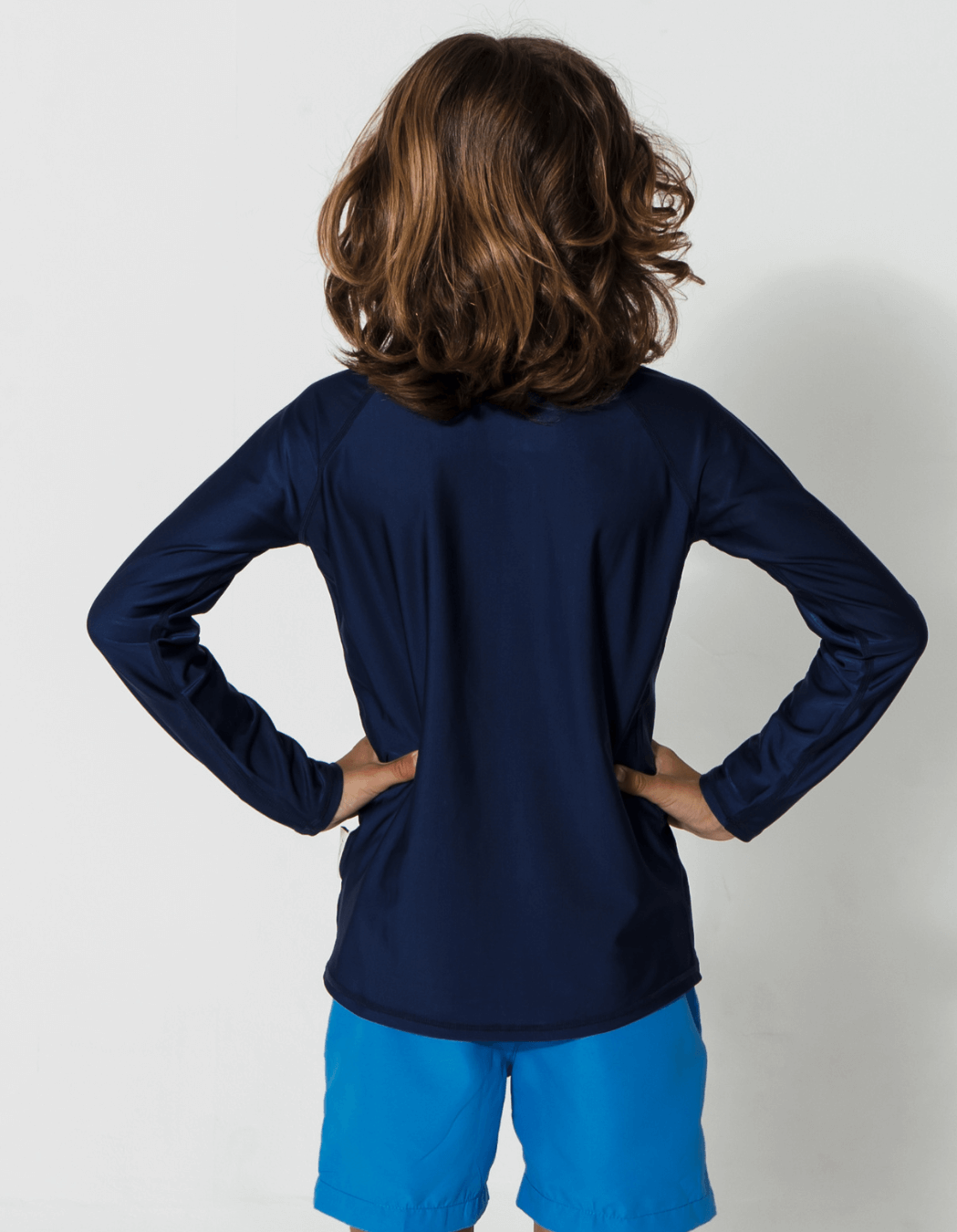 Deep Ocean Blue Rash Guard, back view. Kids UPF50 rash guard.