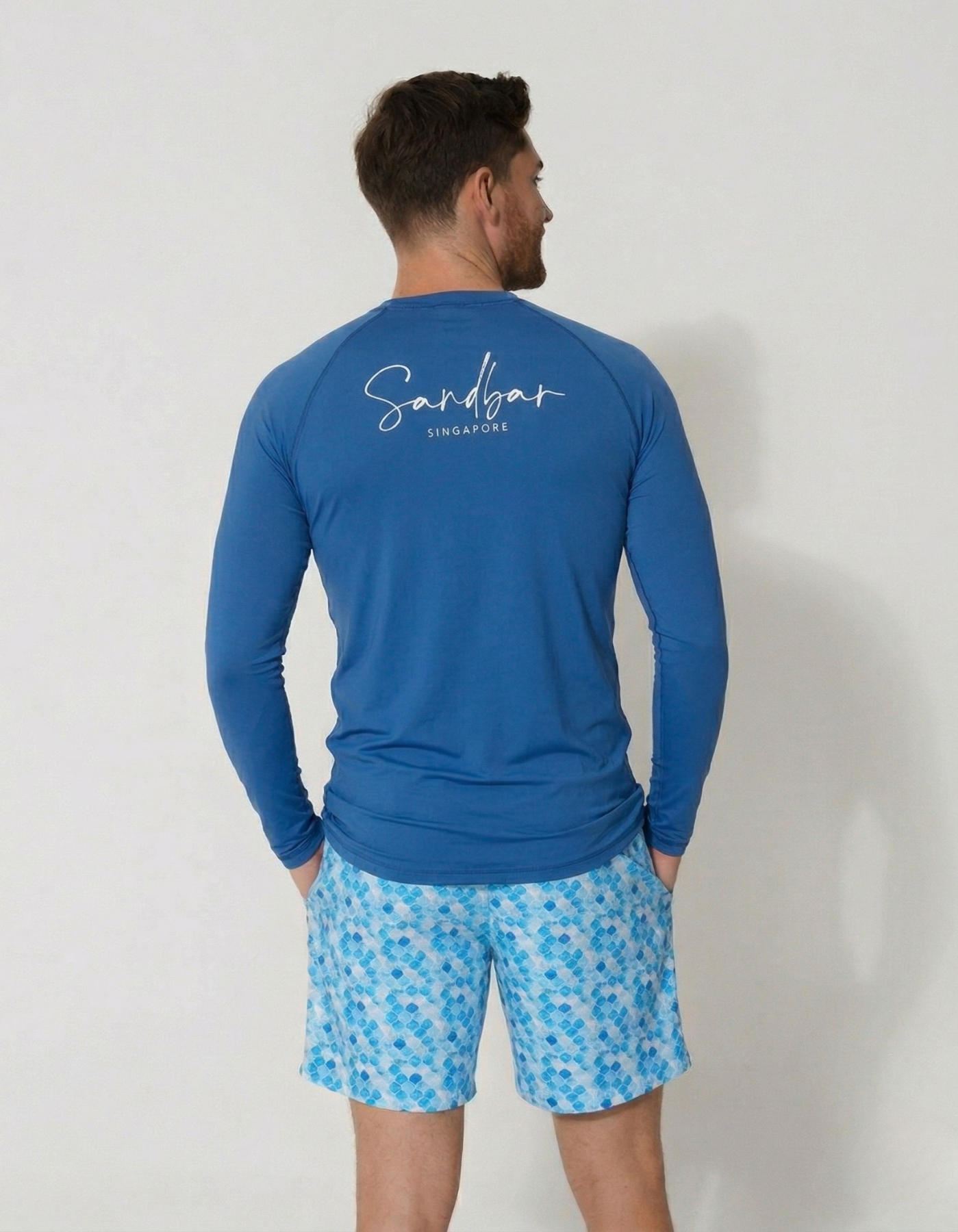 Stone Blue Long Sleeved Mens Rash Guard, back view. Mens UPF50 rash guard.