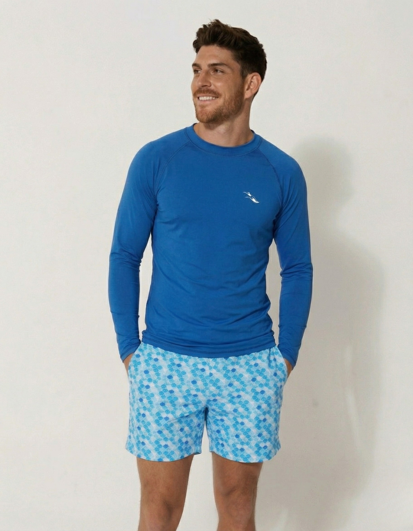 Stone Blue Long Sleeved Mens Rash Guard, front view. Mens UPF50 rash guard.