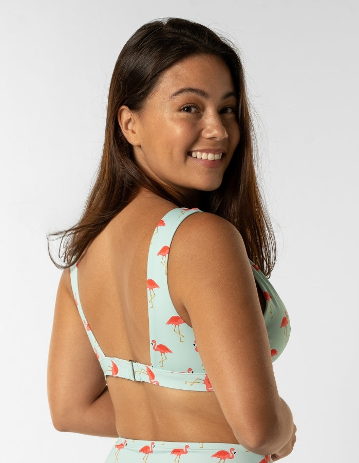 Dune – Pink Flamingo Womens Plunge Bikini Top, back view. Sustainable womens swimwear.