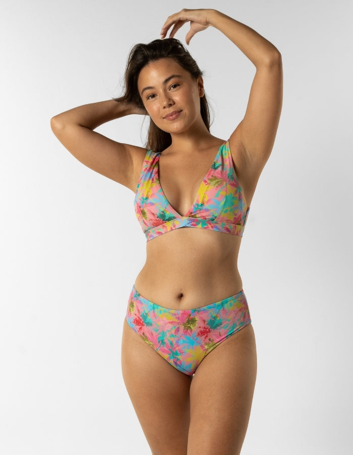 Dune – Pink Palm Womens Plunge Bikini Top, additional view. Sustainable womens swimwear.