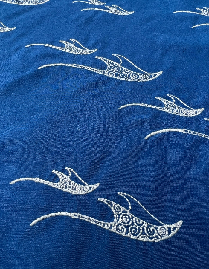 Embroidered Manta Boys Swim Shorts, back view. Embroidered kids swim shorts.
