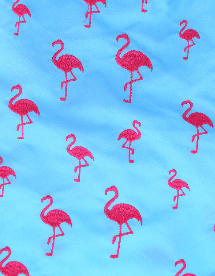 Embroidered Pink Flamingo Boys Swim Shorts, back view. Embroidered kids swim shorts.