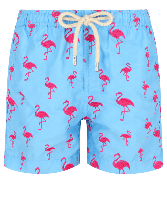 Embroidered Pink Flamingo Boys Swim Shorts, print detail. Embroidered kids swim shorts.