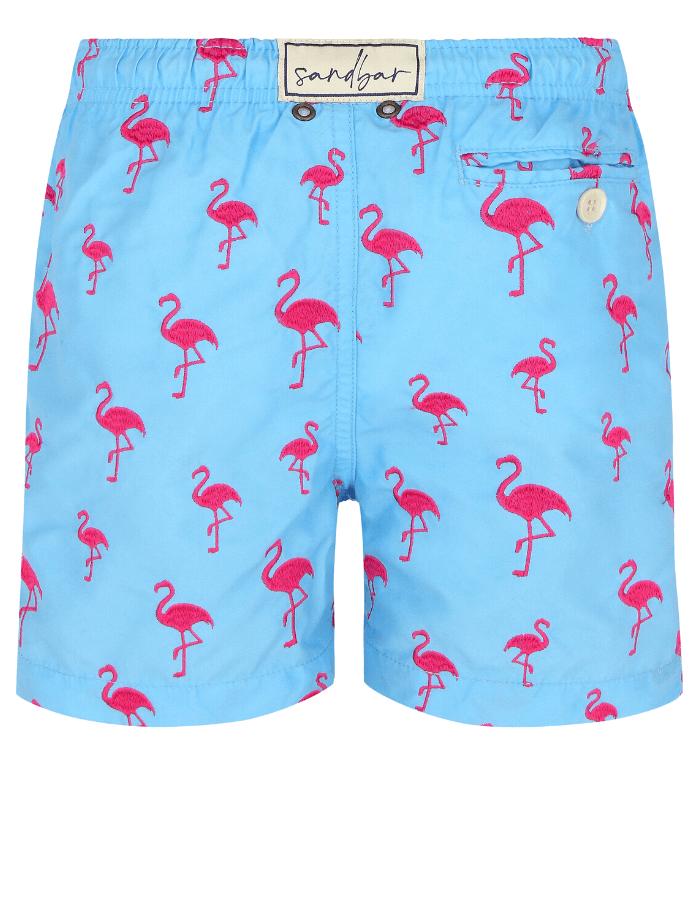 Embroidered Pink Flamingo Boys Swim Shorts, lifestyle shot. Embroidered kids swim shorts.