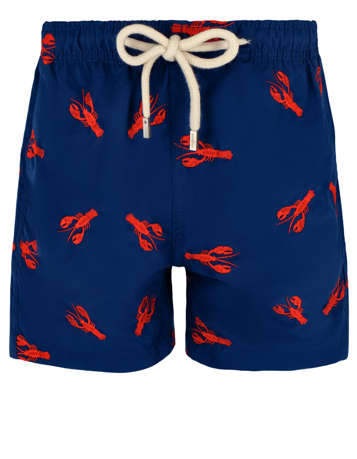 Embroidered Red Lobster Boys Swim Shorts, additional view. Embroidered kids swim shorts.
