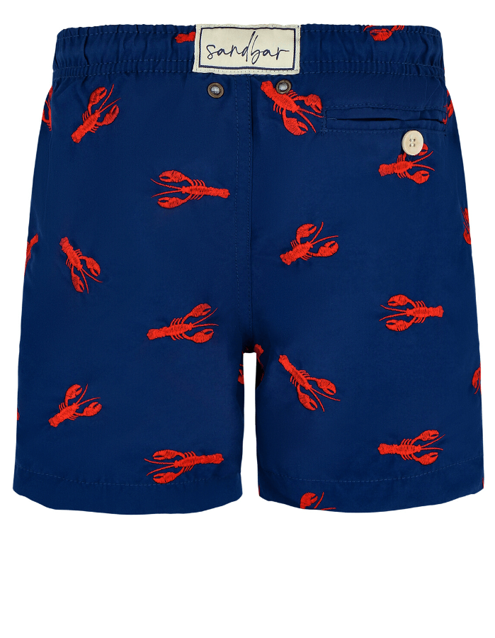 Embroidered Red Lobster Boys Swim Shorts, additional view. Embroidered kids swim shorts.