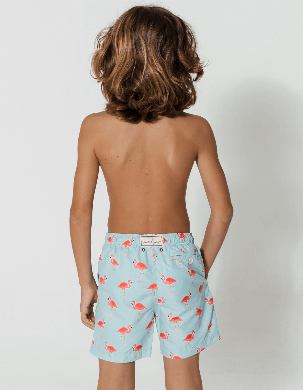 Flamingo Boys Swim Shorts, back view. Sustainable boys swimwear.