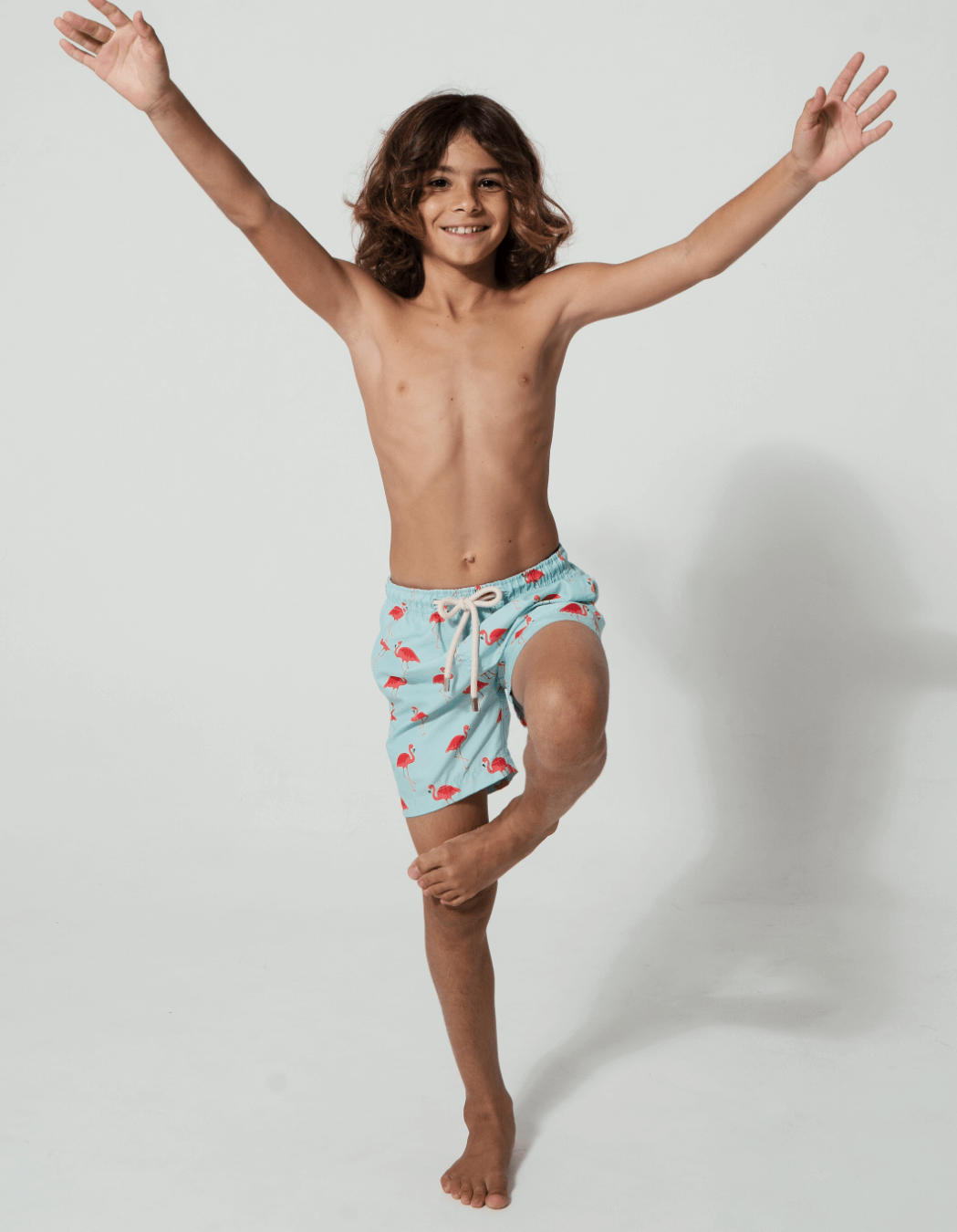 Flamingo Boys Swim Shorts, additional view. Sustainable boys swimwear.