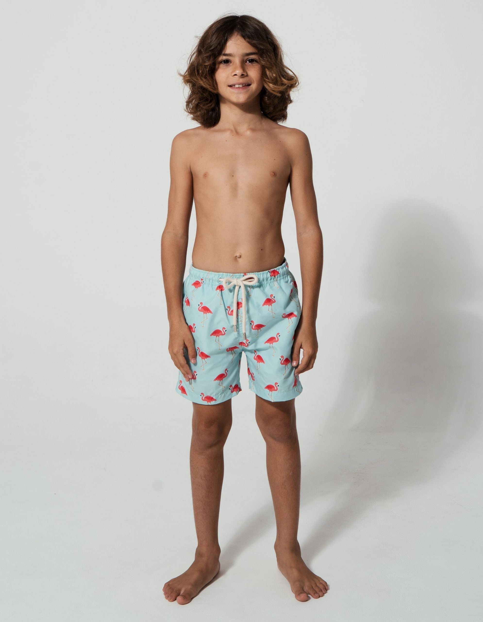 Flamingo Boys Swim Shorts, additional view. Sustainable boys swimwear.