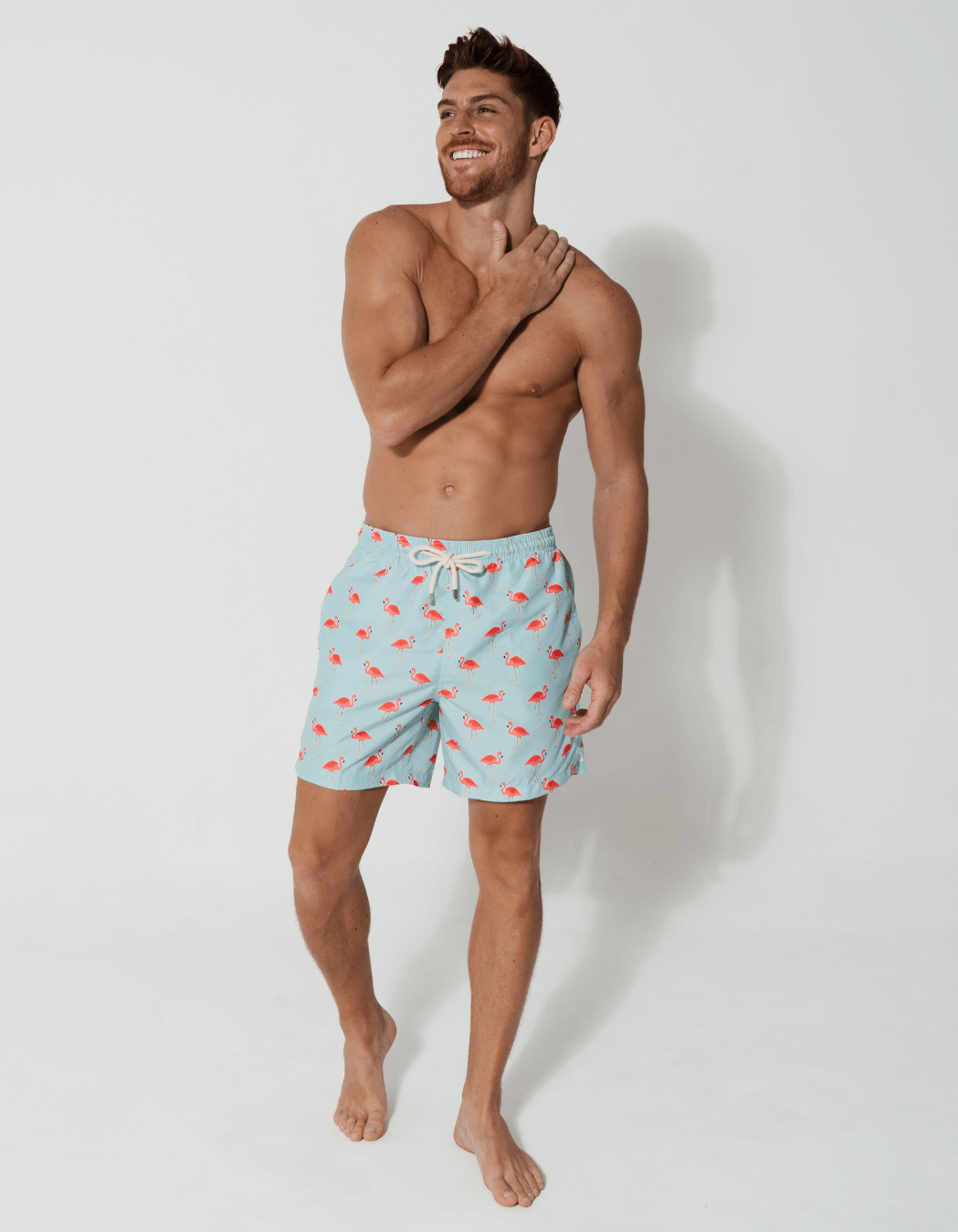 Sandbar_father_and_son_swim_shorts_flamingo