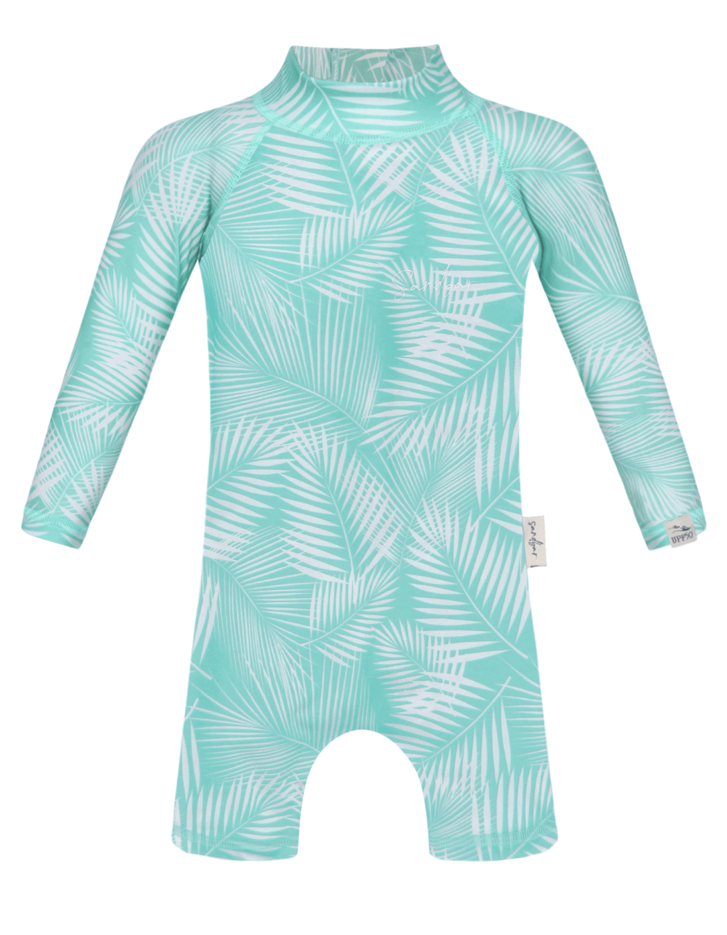 Green Fern Baby Swimsuit, additional view. Sustainable baby swimwear.