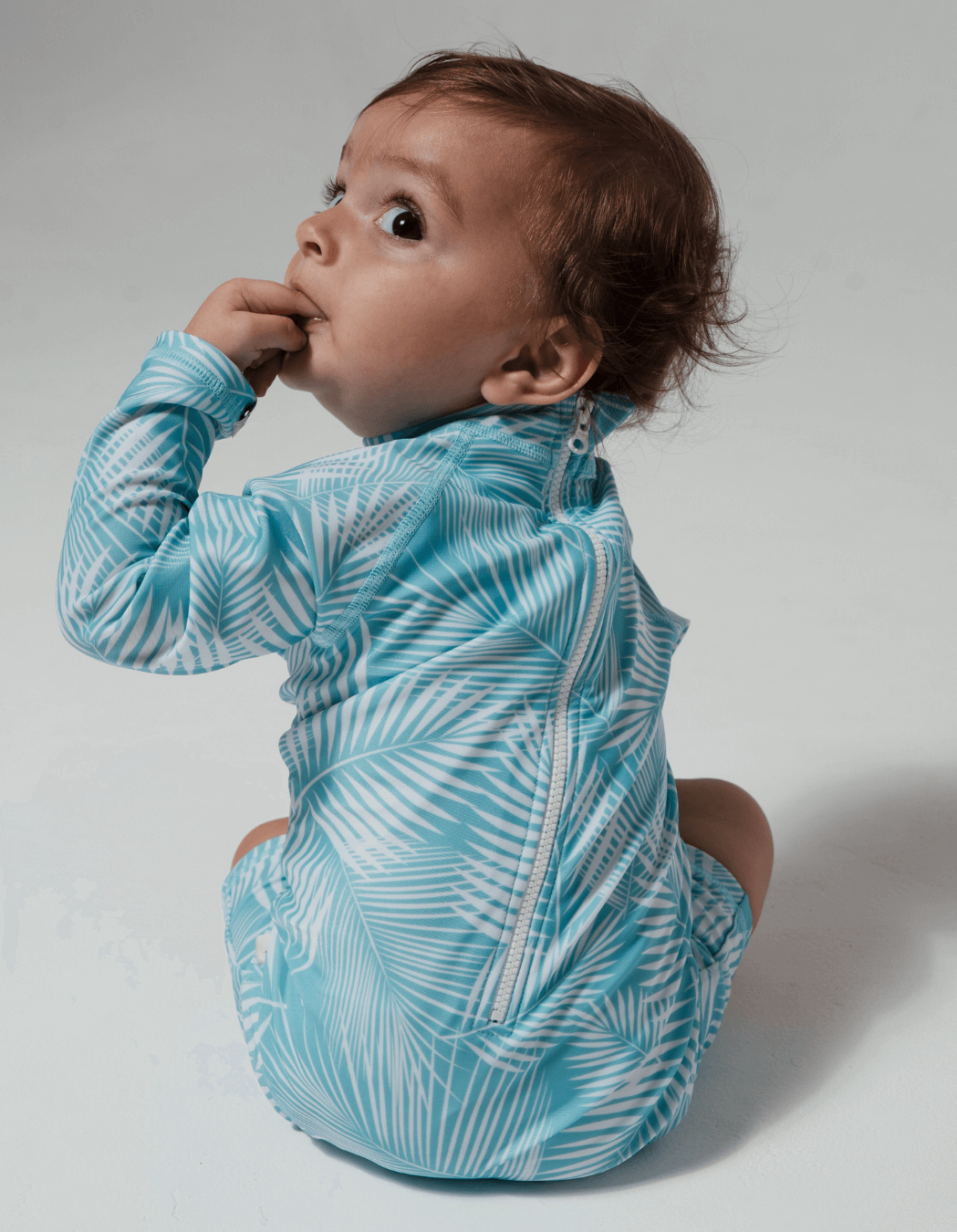 Green Fern Baby Swimsuit, print detail. Sustainable baby swimwear.