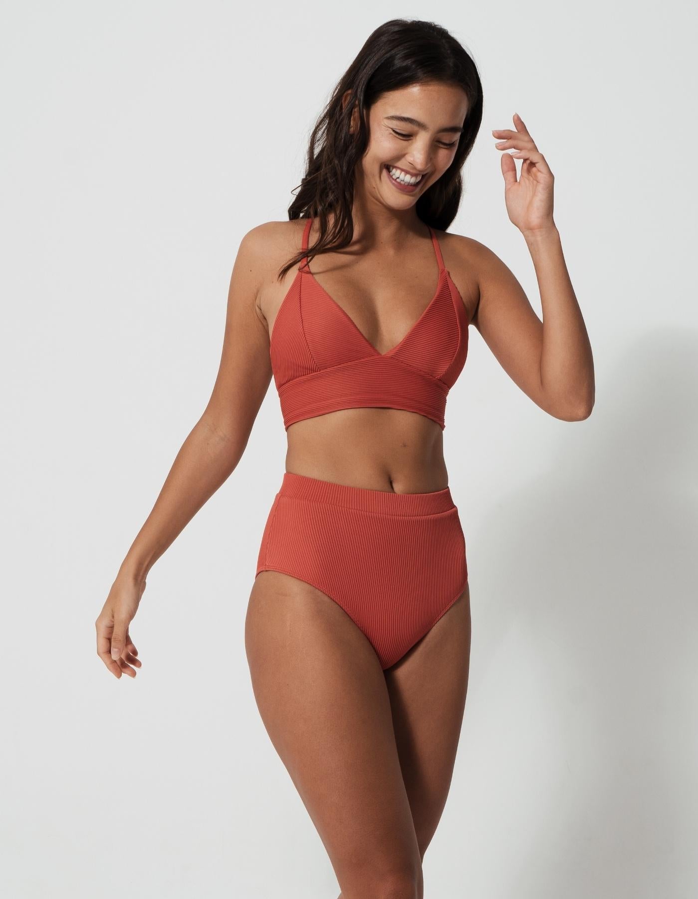 Women's Swimwear | High Waist Coral Ribbed Bikini Bottoms