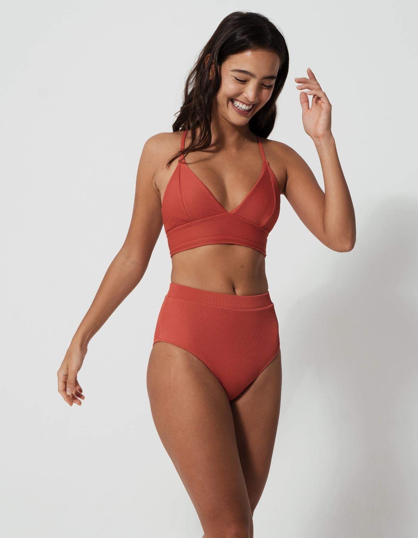 Women's Swimwear | High Waist Coral Ribbed Bikini Bottoms