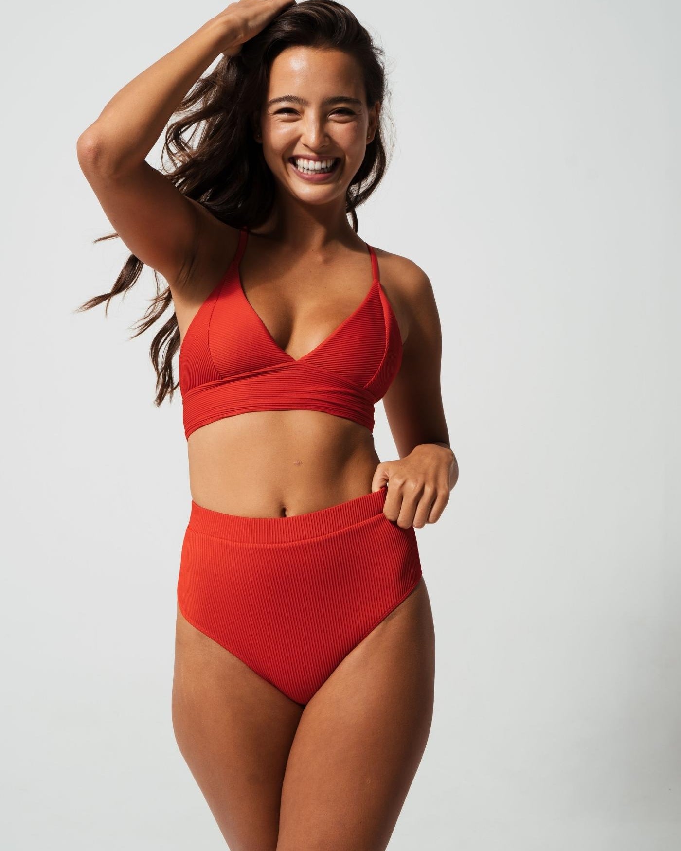 Sandbar_swimwear_family_matching_ribbed_bikini_high_waist_swimsuit_eco_recycled_lipstick_red