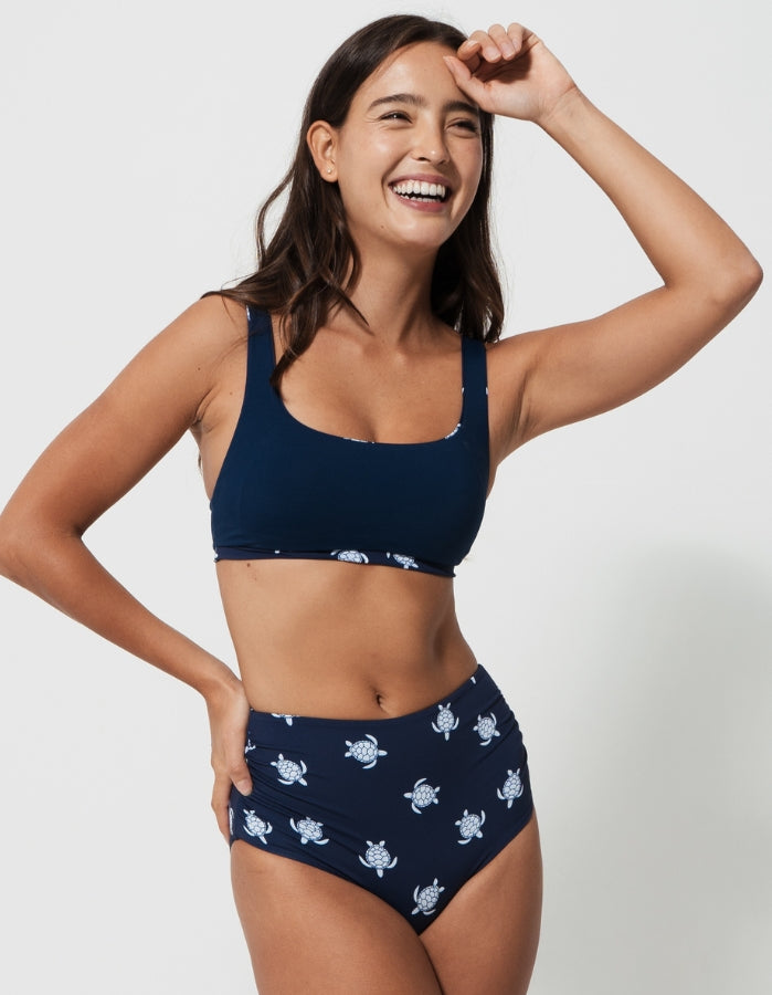 High Waist Midnight Blue Turtle Womens Bikini Bottoms, additional view. Sustainable womens swimwear.