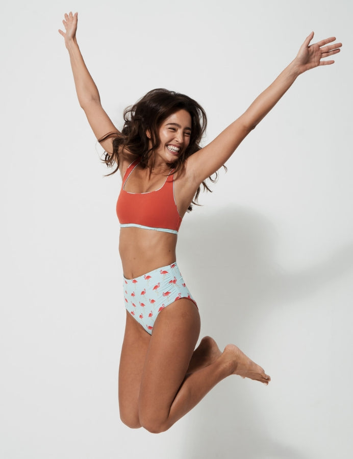 High Waist Pink Flamingo Womens Bikini Bottoms, additional view. Sustainable womens swimwear.