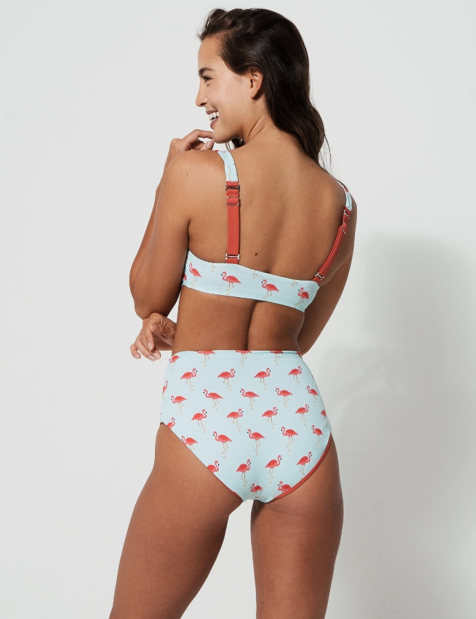High Waist Pink Flamingo Womens Bikini Bottoms, additional view. Sustainable womens swimwear.