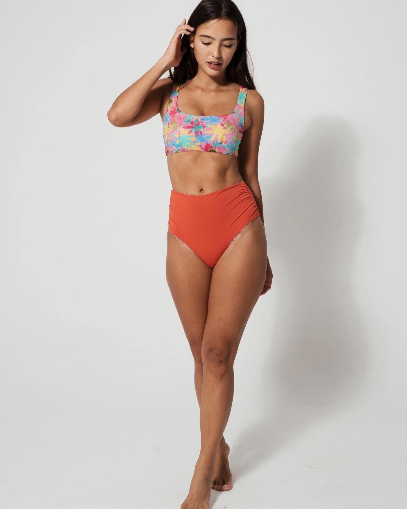 Sandbar_swimwear_family_matching_high_waist_bikini_eco_recycled_tank_top_bikini_reversible_Pink_palm_coral_rust