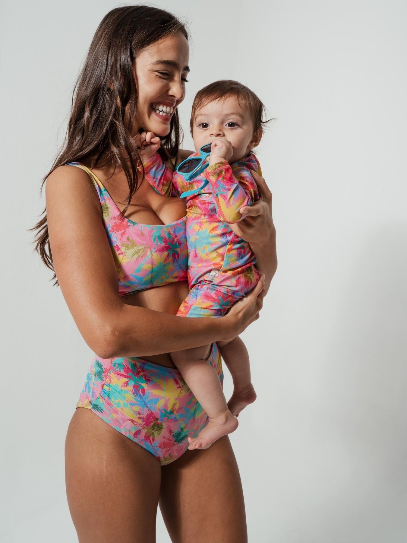 Sandbar_swimwear_family_matching_high_waist_bikini_eco_recycled_tank_top_bikini_reversible_Pink_palm_coral_rust