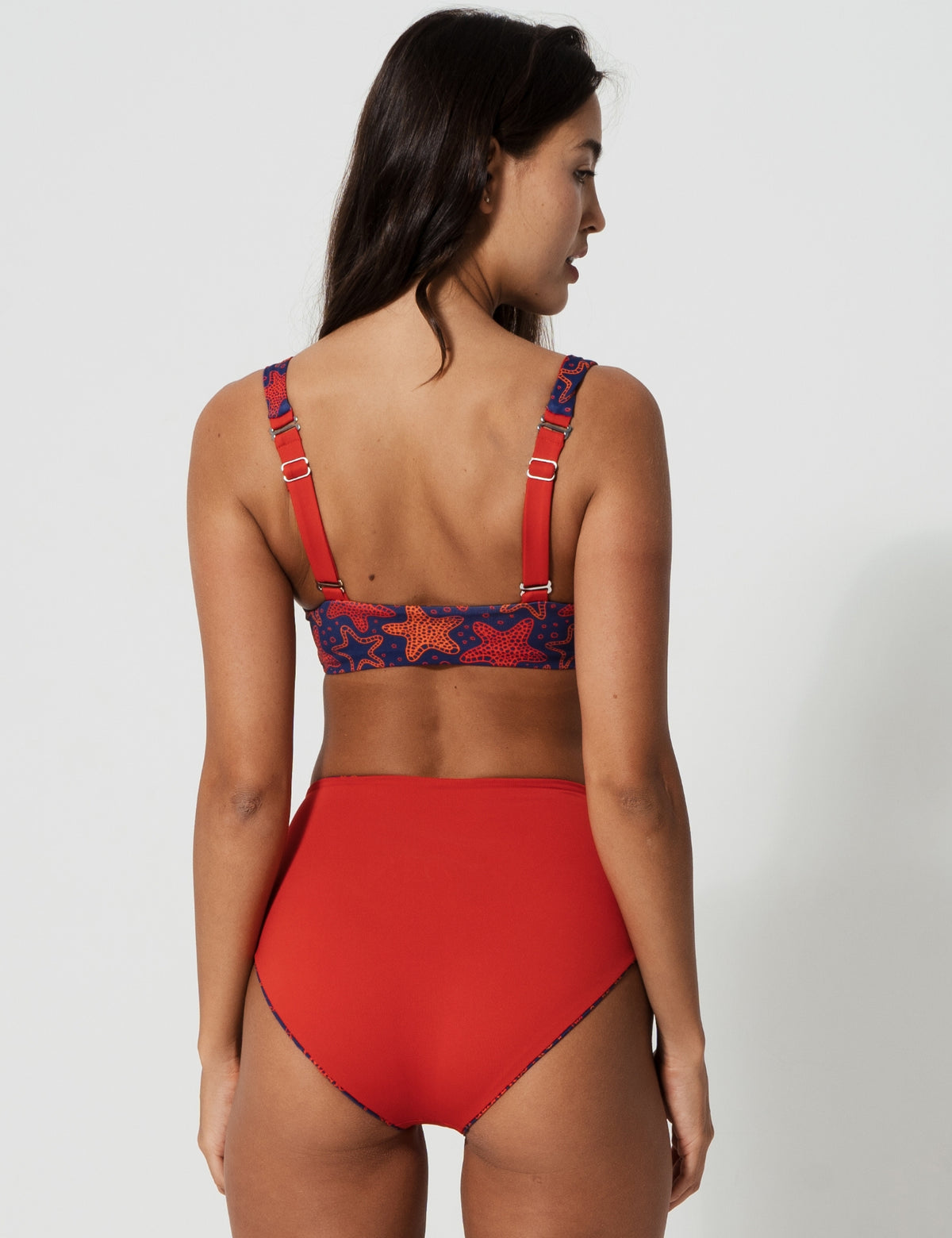 High Waist Red Starfish Womens Bikini Bottoms, print detail. Sustainable womens swimwear.