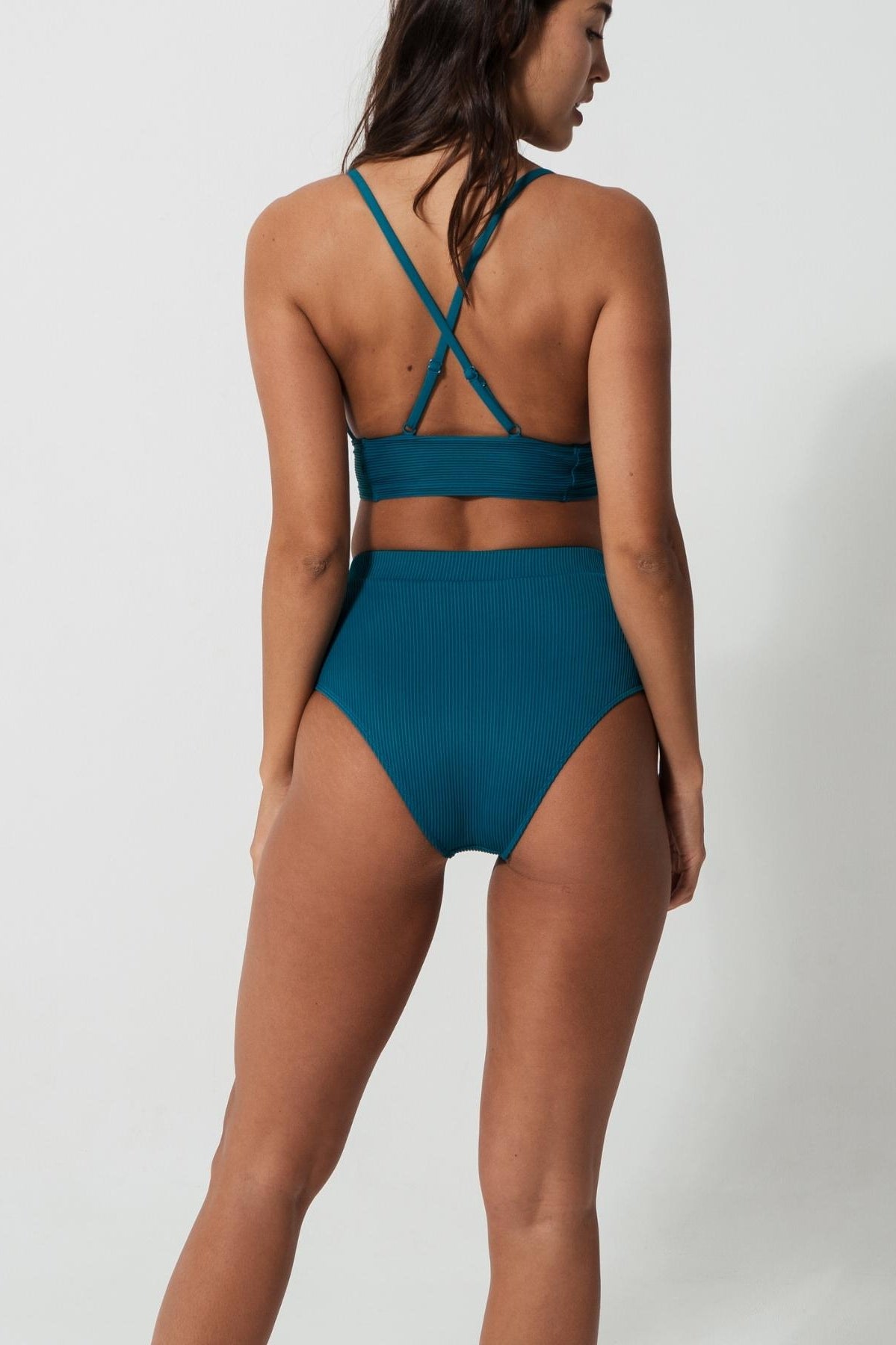 High Waist Teal Womens Ribbed Bikini Bottoms, back view. Sustainable womens swimwear.