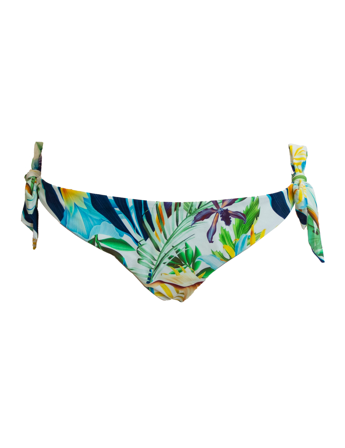 Hipster Tie Side Bird of Paradise Womens Bikini Bottoms, front view. Sustainable womens swimwear.