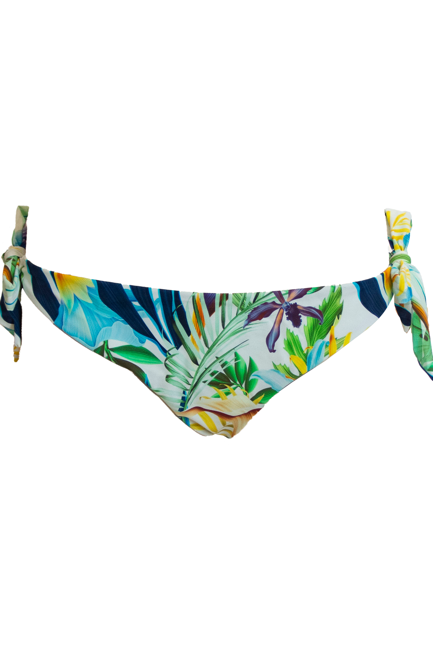 Hipster Tie Side Bird of Paradise Womens Bikini Bottoms, front view. Sustainable womens swimwear.