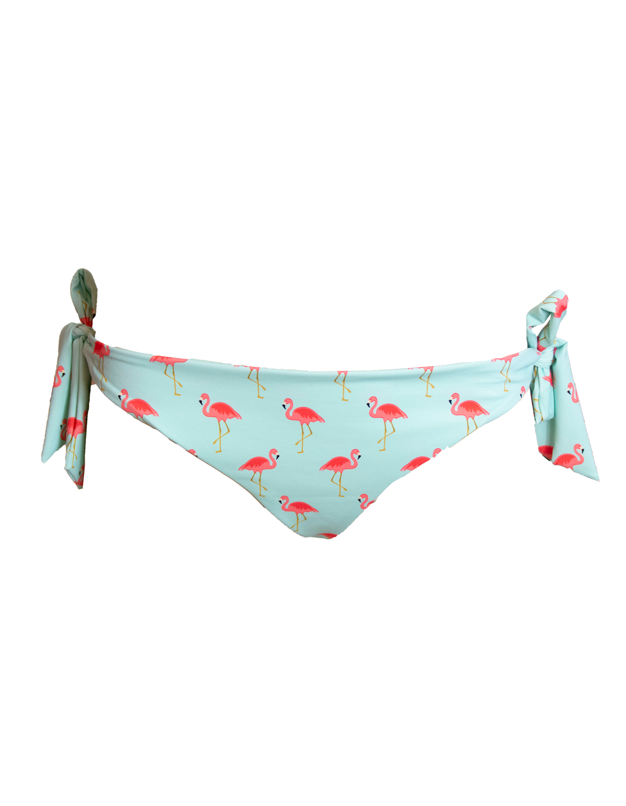 Hipster Tie Side Pink Flamingo Womens Bikini Bottoms, front view. Sustainable womens swimwear.