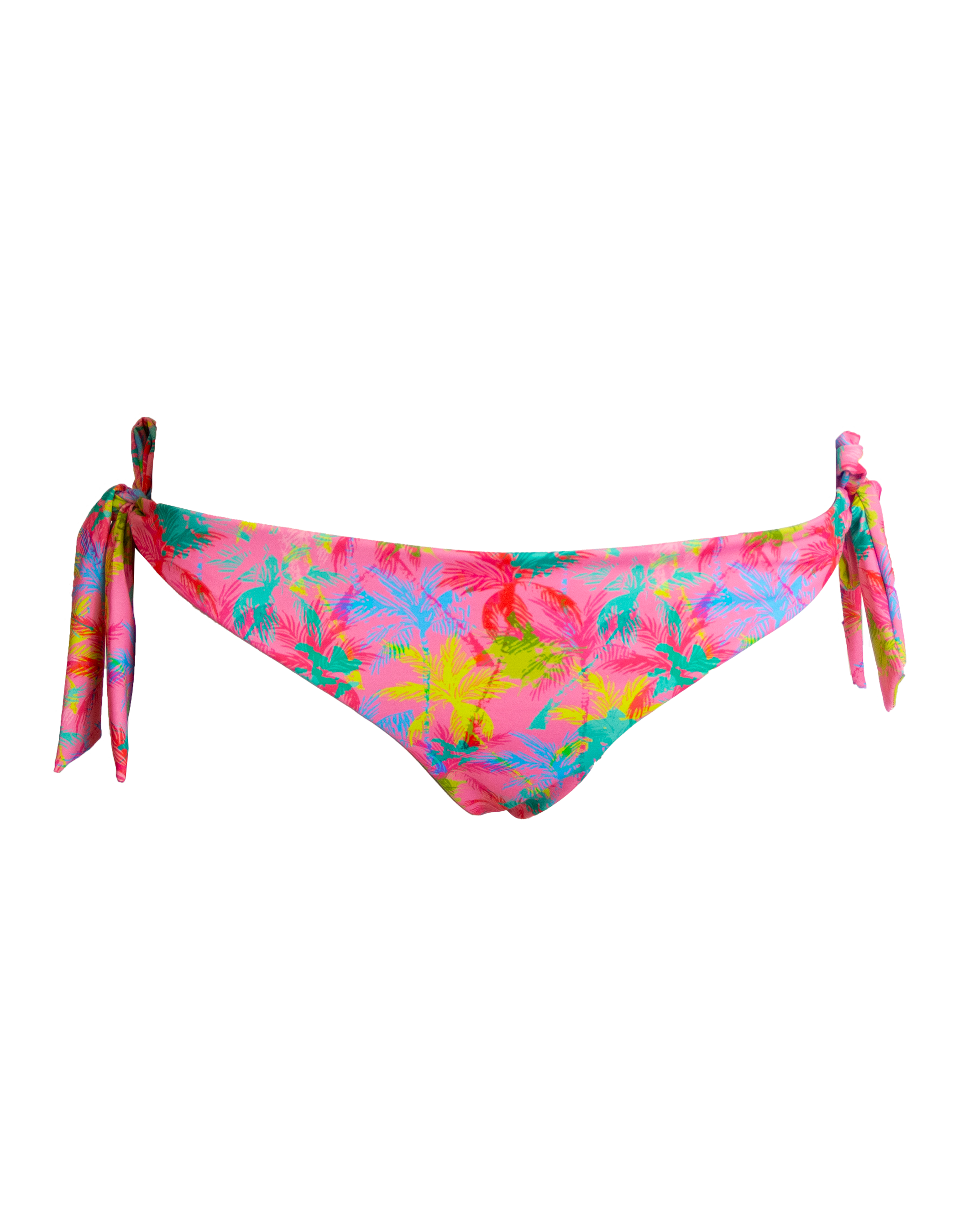 Hipster Tie Side Pink Palm Womens Bikini Bottoms, front view. Sustainable womens swimwear.