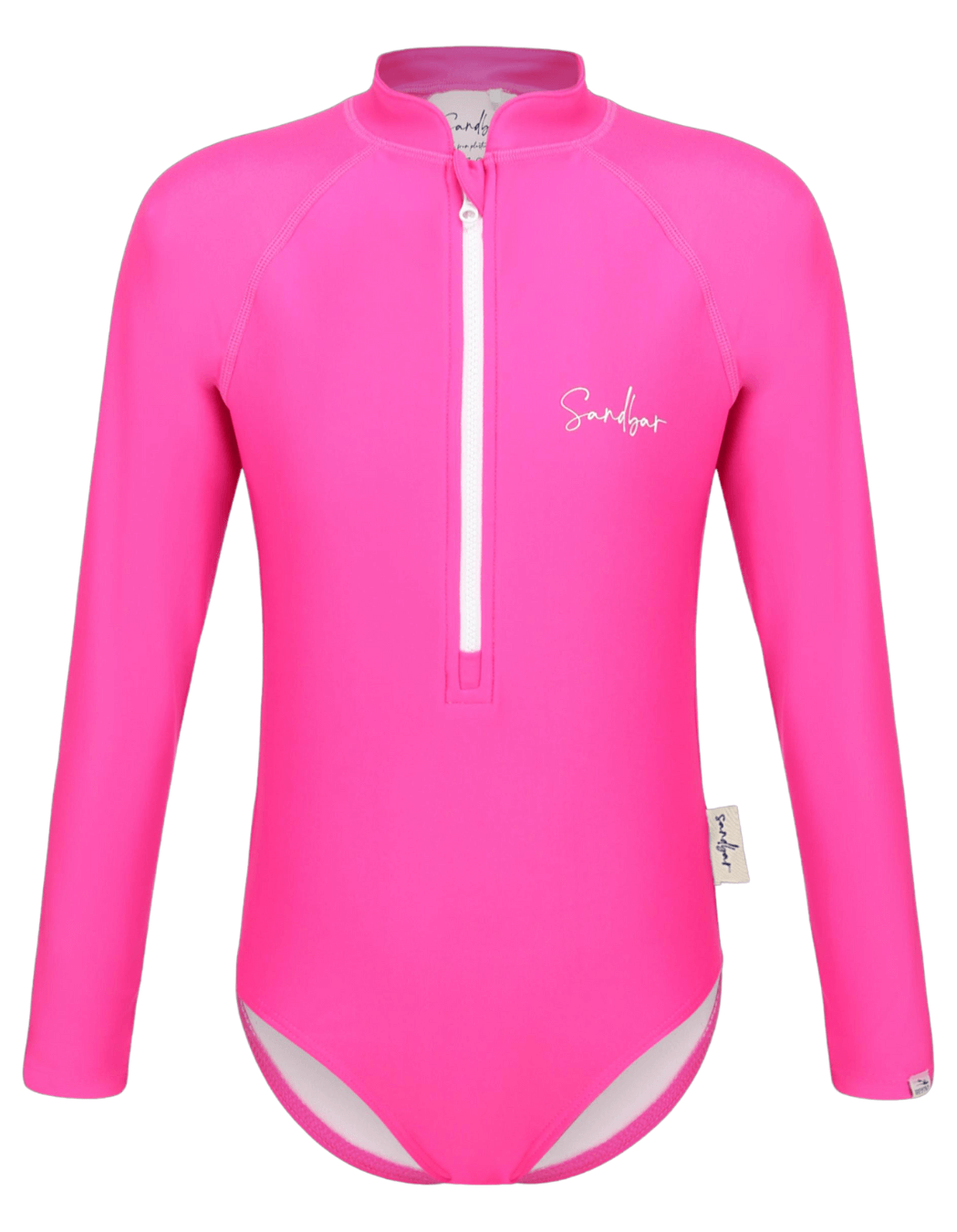 Hot Pink Long Sleeved Girls Swimsuit, lifestyle shot. Sustainable girls swimwear.