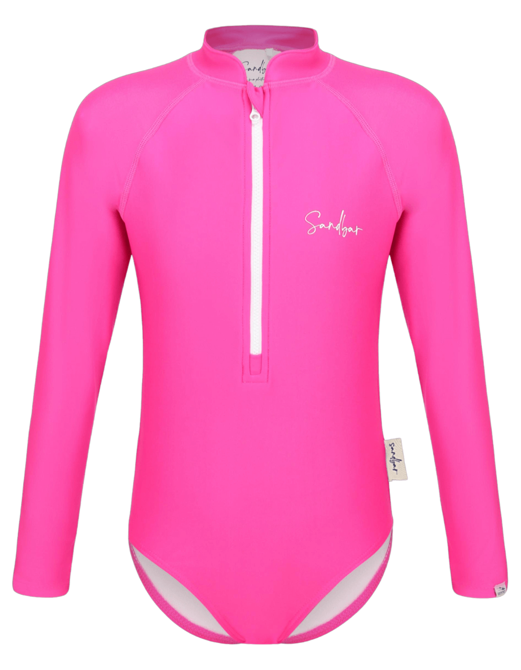 Hot Pink Long Sleeved Girls Swimsuit, lifestyle shot. Sustainable girls swimwear.