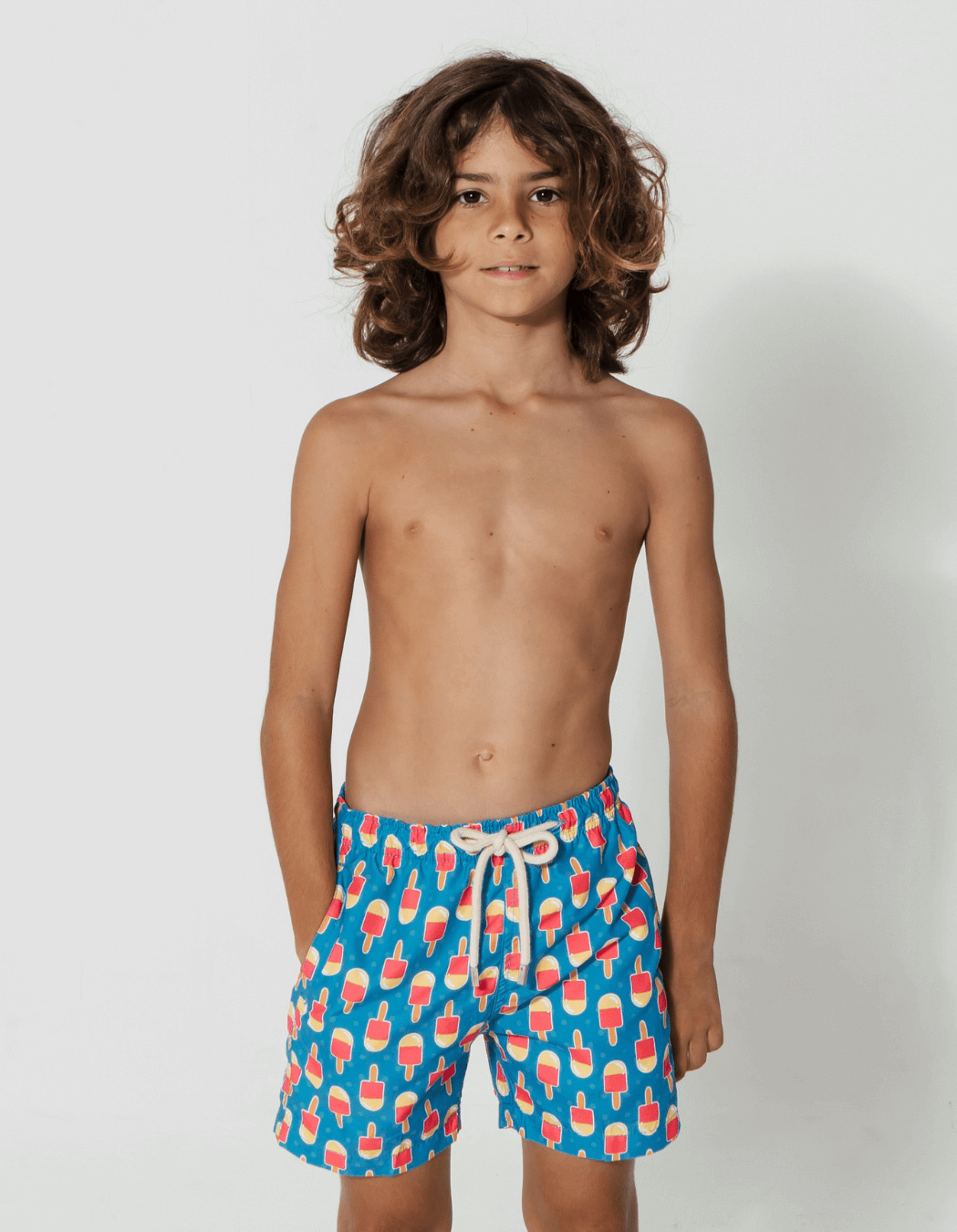 Ice Lolly Boys Swim Shorts, print detail. Sustainable boys swimwear.