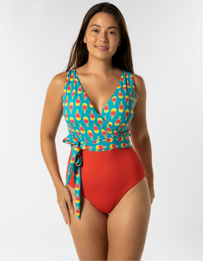 Ice Lolly Split Womens One Piece Wrap Swim Suit, front view. Sustainable womens swimwear.