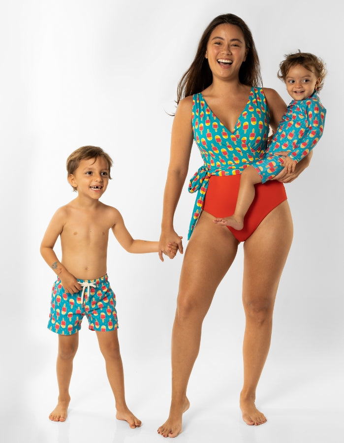 Ice Lolly Split Womens One Piece Wrap Swim Suit, print detail. Sustainable womens swimwear.