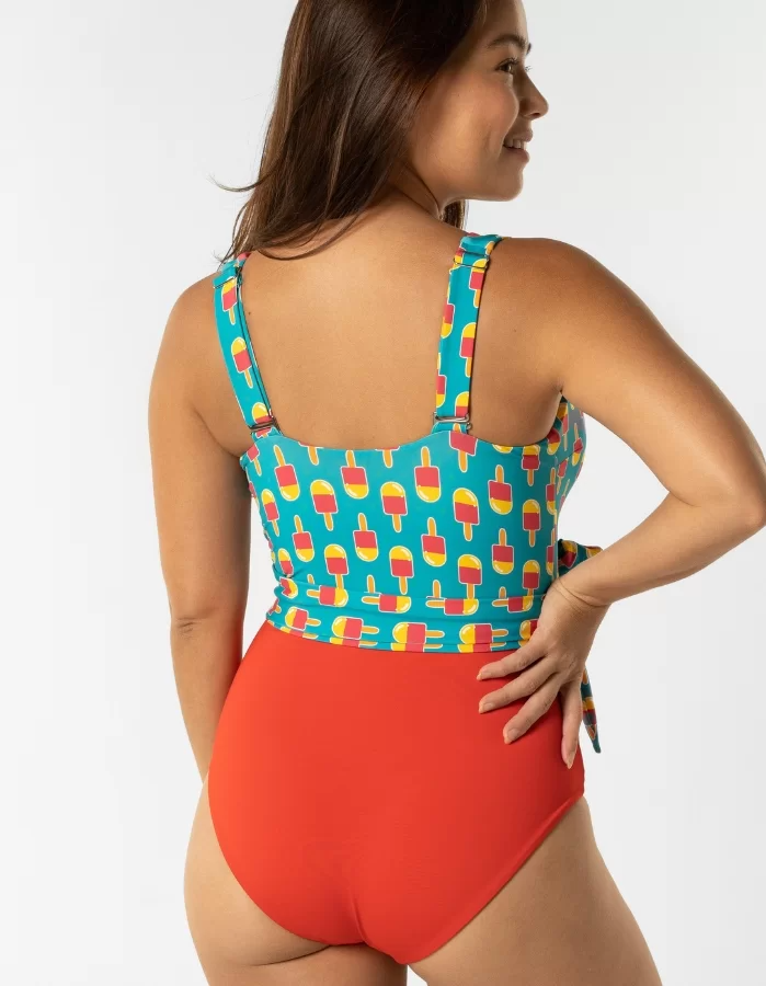 Ice Lolly Split Womens One Piece Wrap Swim Suit, back view. Sustainable womens swimwear.