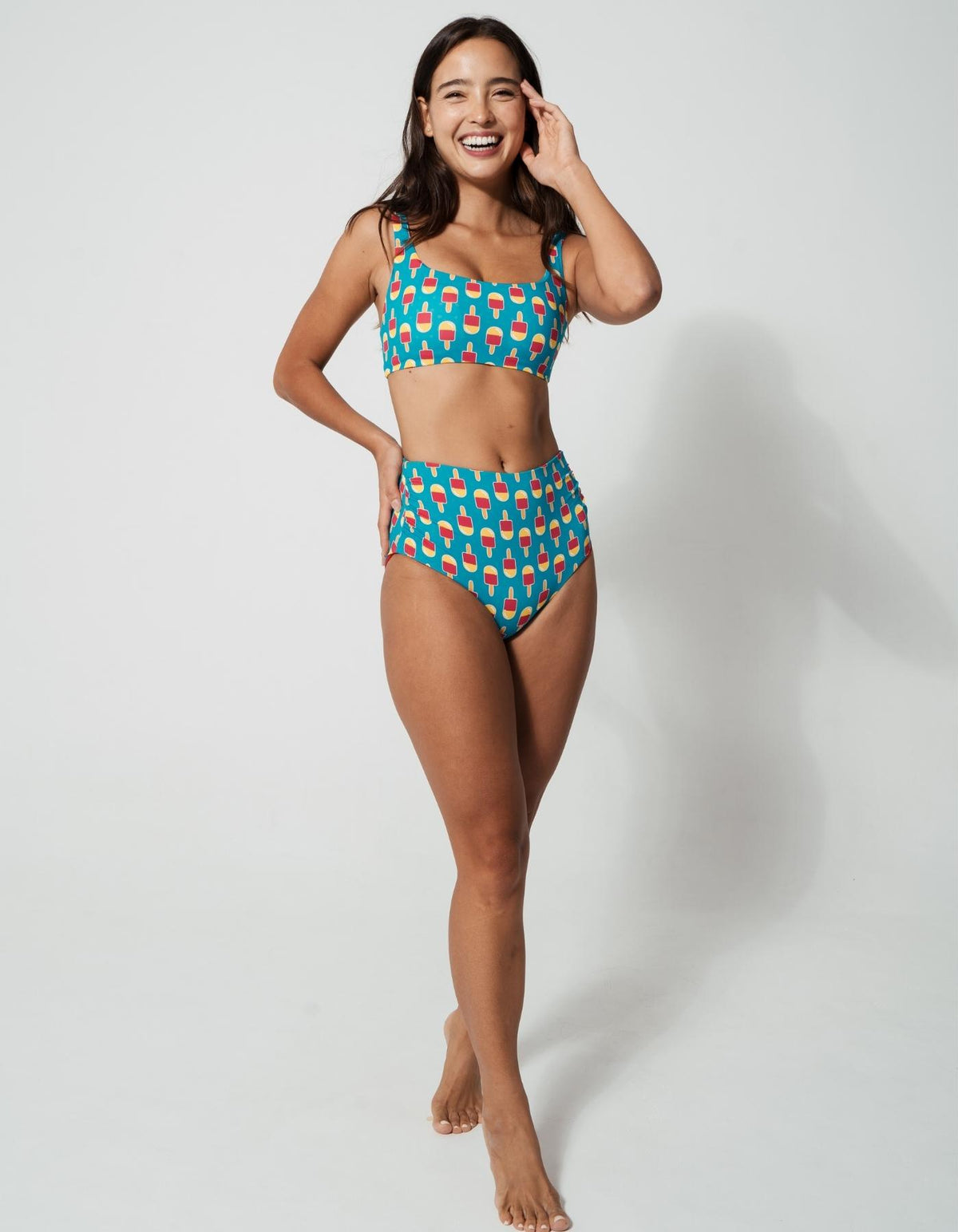 Ice Lolly Womens Tank Bikini Top, lifestyle shot. Sustainable womens swimwear.