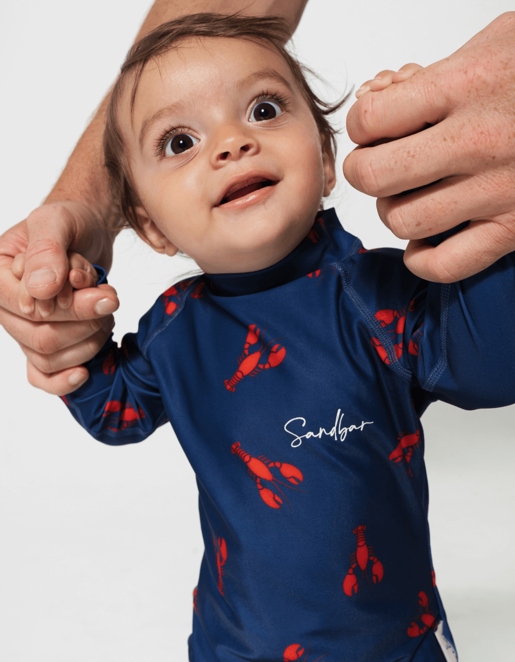 Lobster Baby Swimsuit, additional view. Sustainable baby swimwear.