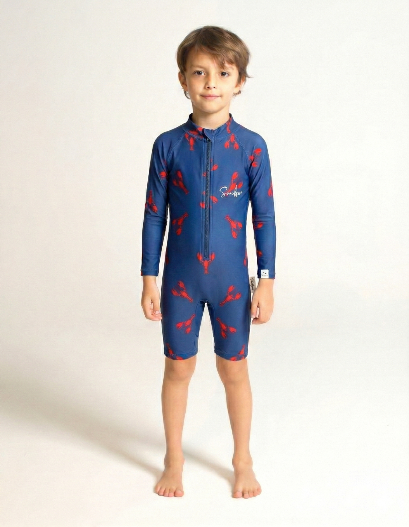 Lobster Kids Body Suit, front view. Sustainable kids swimwear.