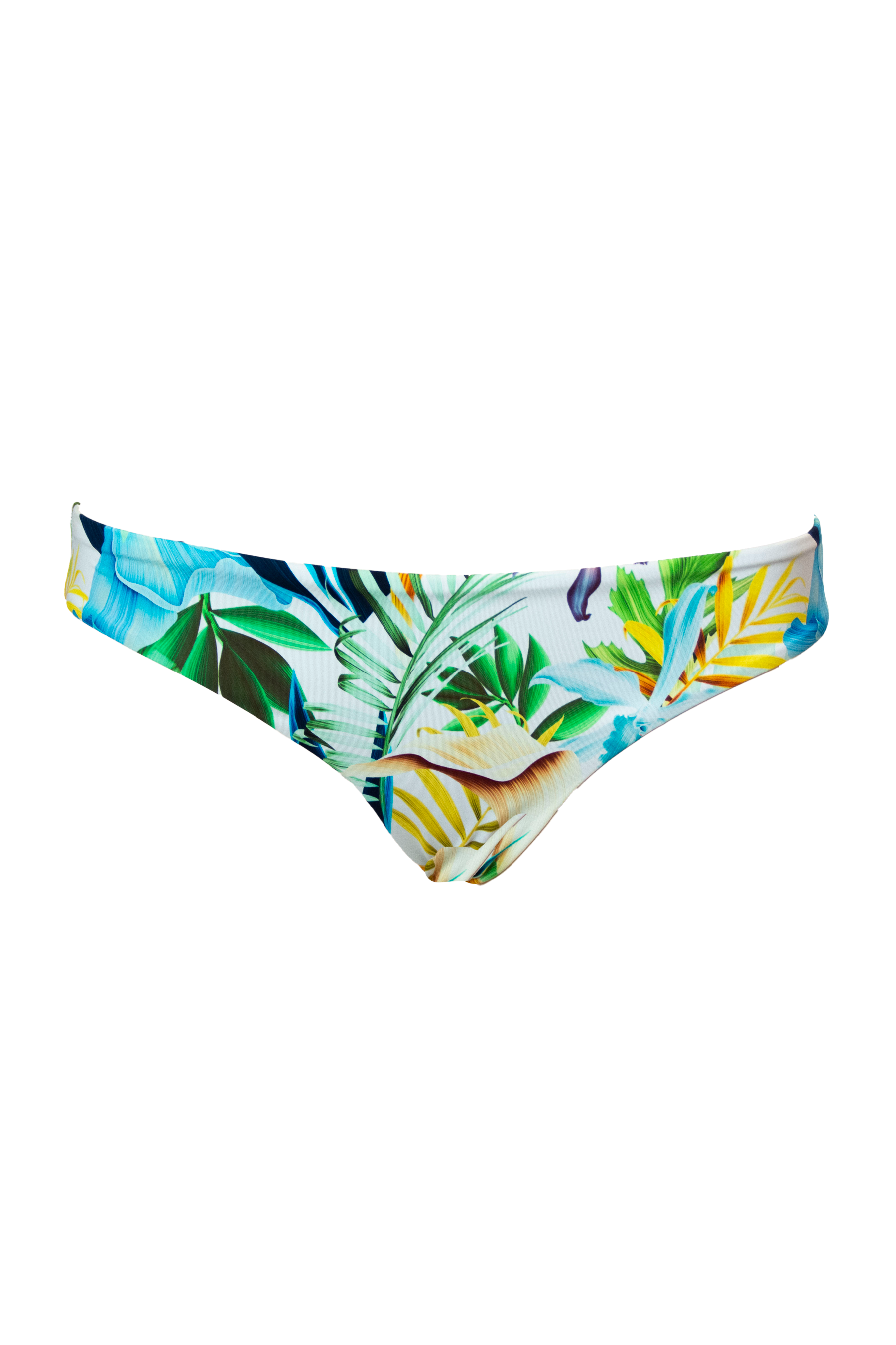 Low Waist Bird of Paradise Womens Bikini Bottoms, front view. Sustainable womens swimwear.