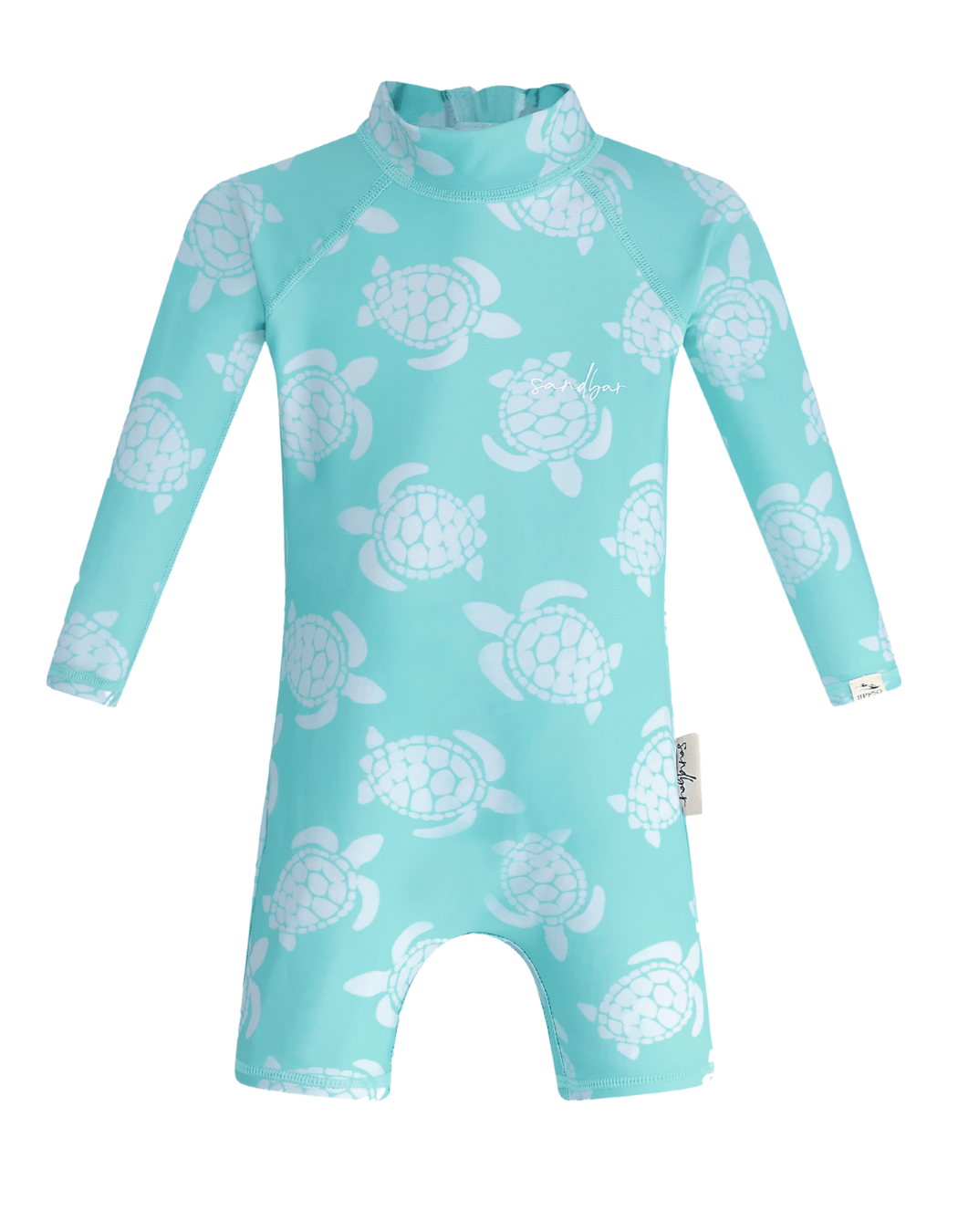 Maldives Blue Turtle Baby Swimsuit, lifestyle shot. Sustainable baby swimwear.