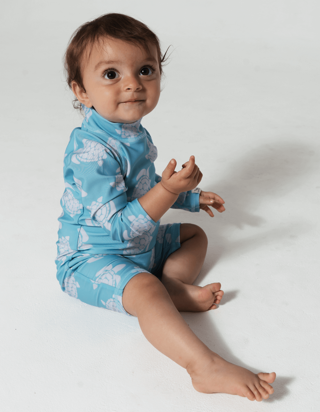 Maldives Blue Turtle Baby Swimsuit, additional view. Sustainable baby swimwear.