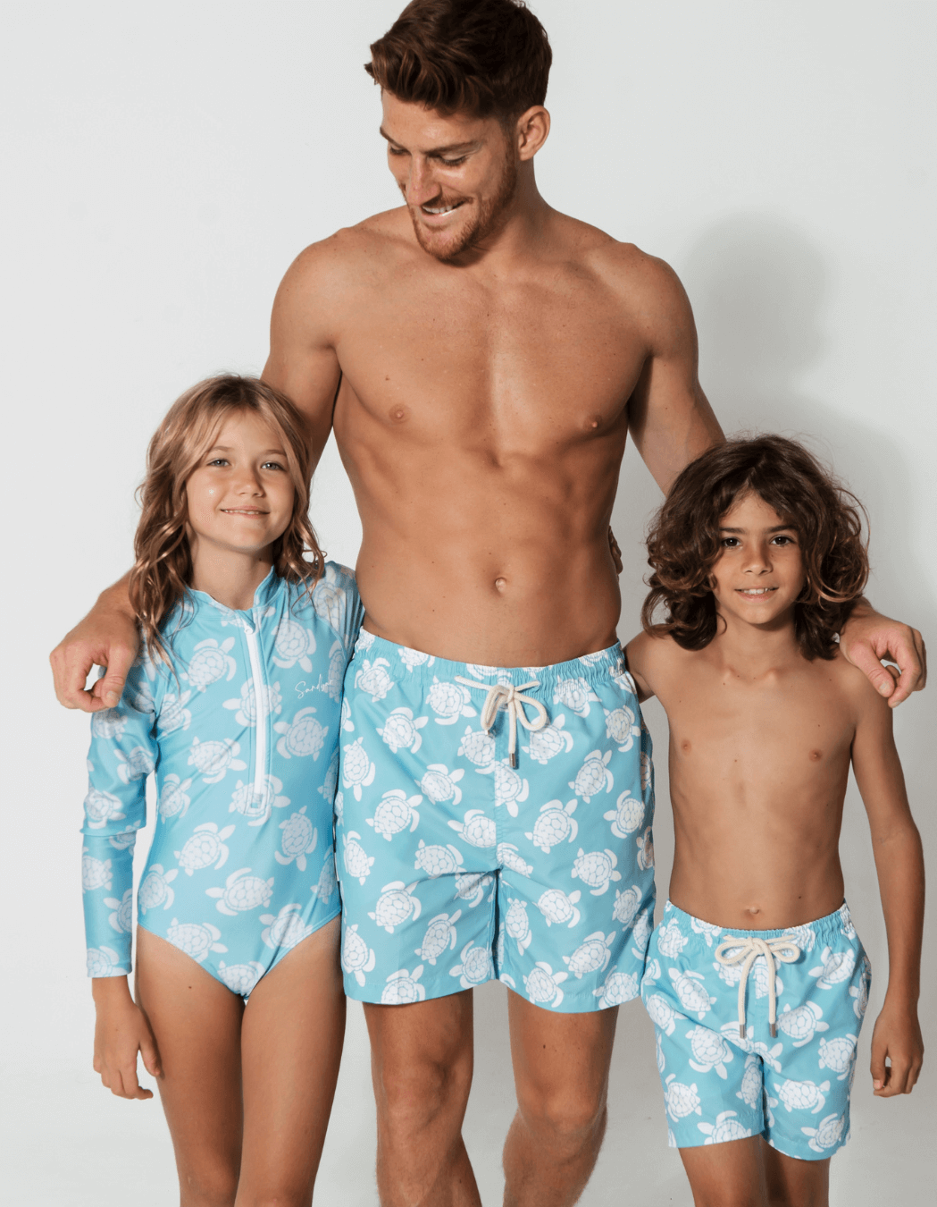 Maldives Blue Turtle Boys Swim Shorts, additional view. Sustainable boys swimwear.