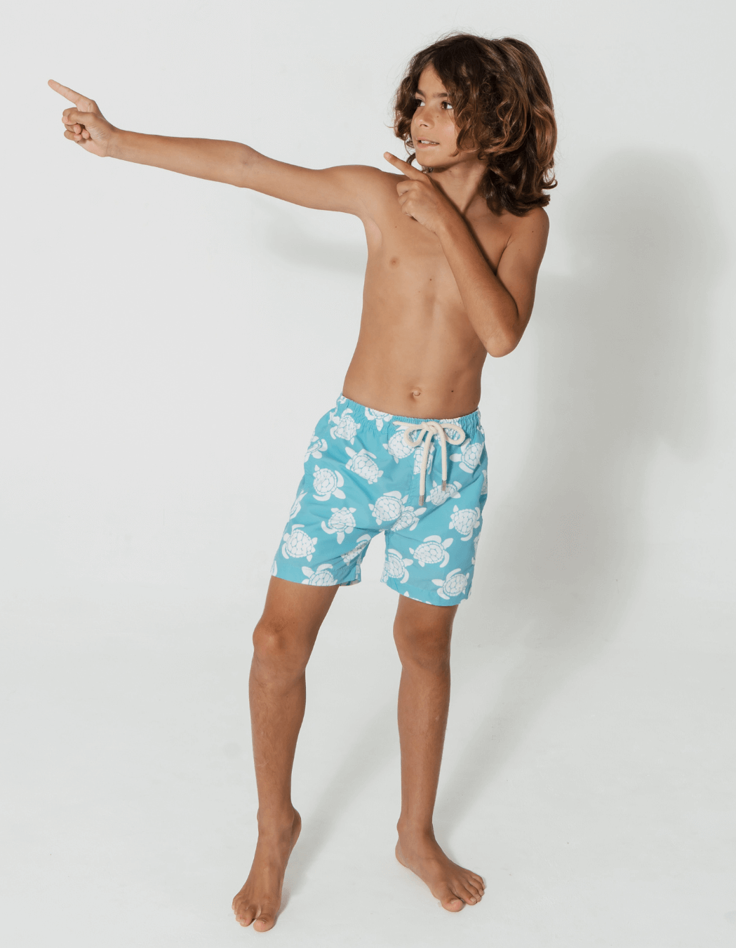 Maldives Blue Turtle Boys Swim Shorts, additional view. Sustainable boys swimwear.