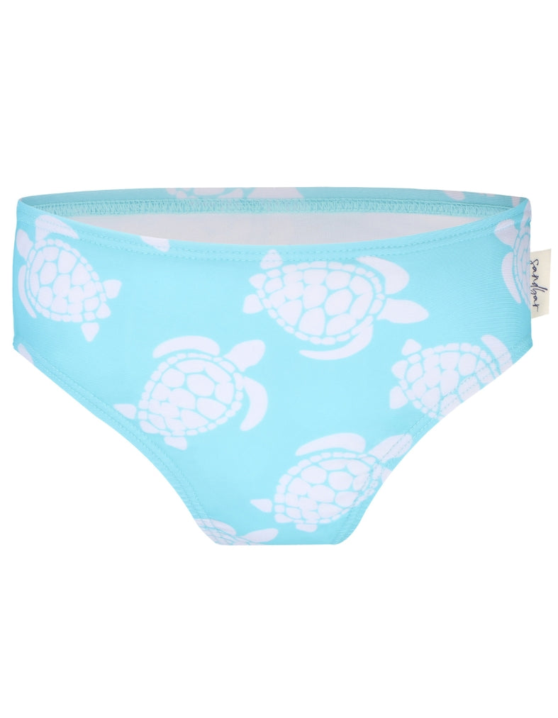 Maldives Blue Turtle Girls Bikini Bottoms, additional view. Sustainable girls swimwear.
