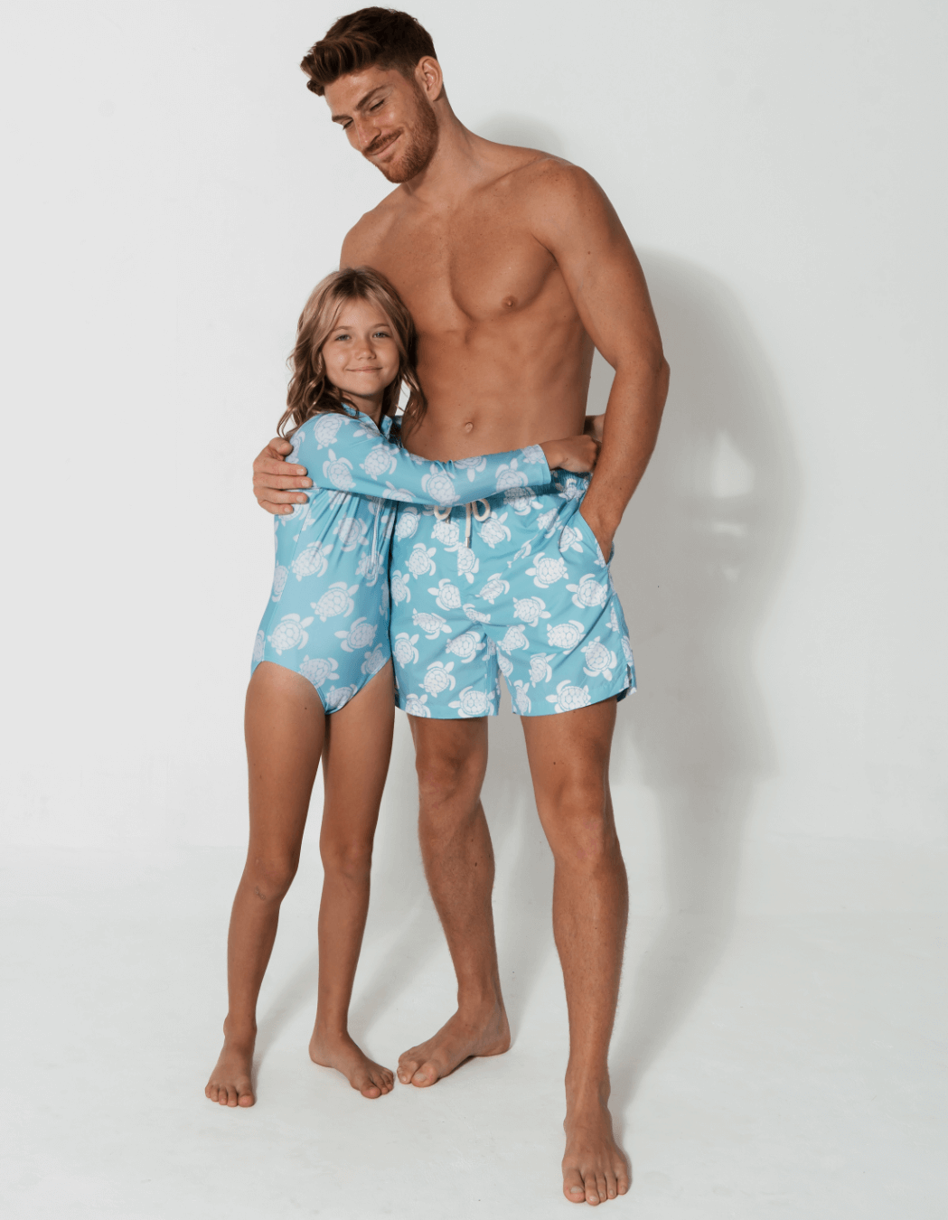 Maldives Blue Turtle Long Sleeved Girls Swimsuit, additional view. Sustainable girls swimwear.