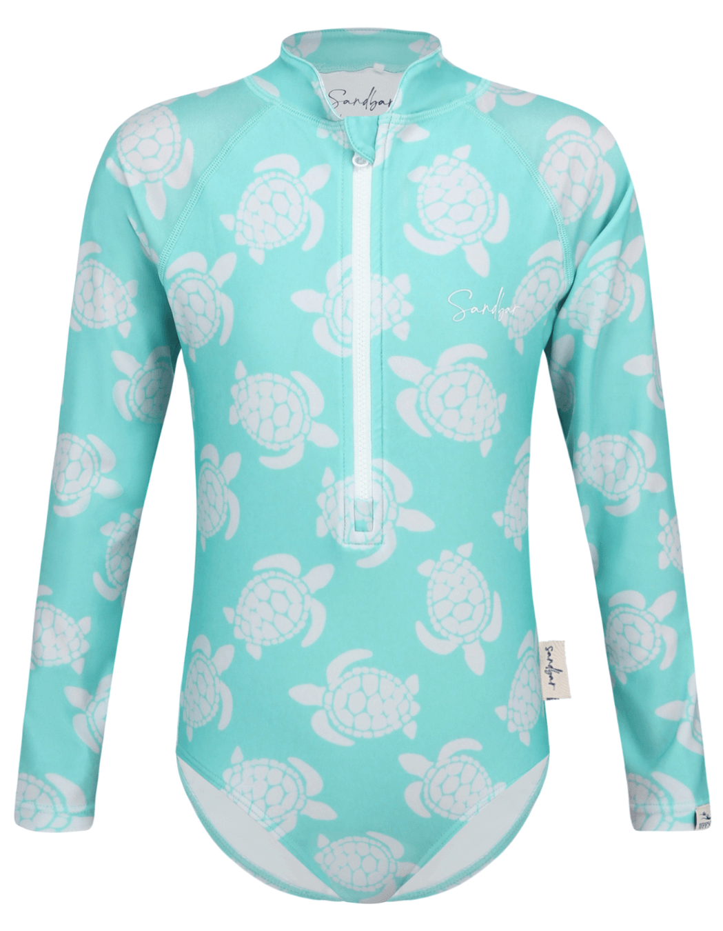 Maldives Blue Turtle Long Sleeved Girls Swimsuit, additional view. Sustainable girls swimwear.