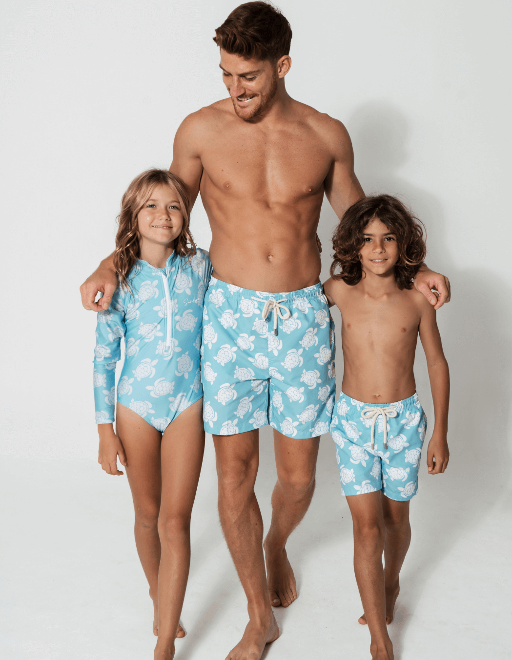 Maldives Blue Turtle Long Sleeved Girls Swimsuit, additional view. Sustainable girls swimwear.