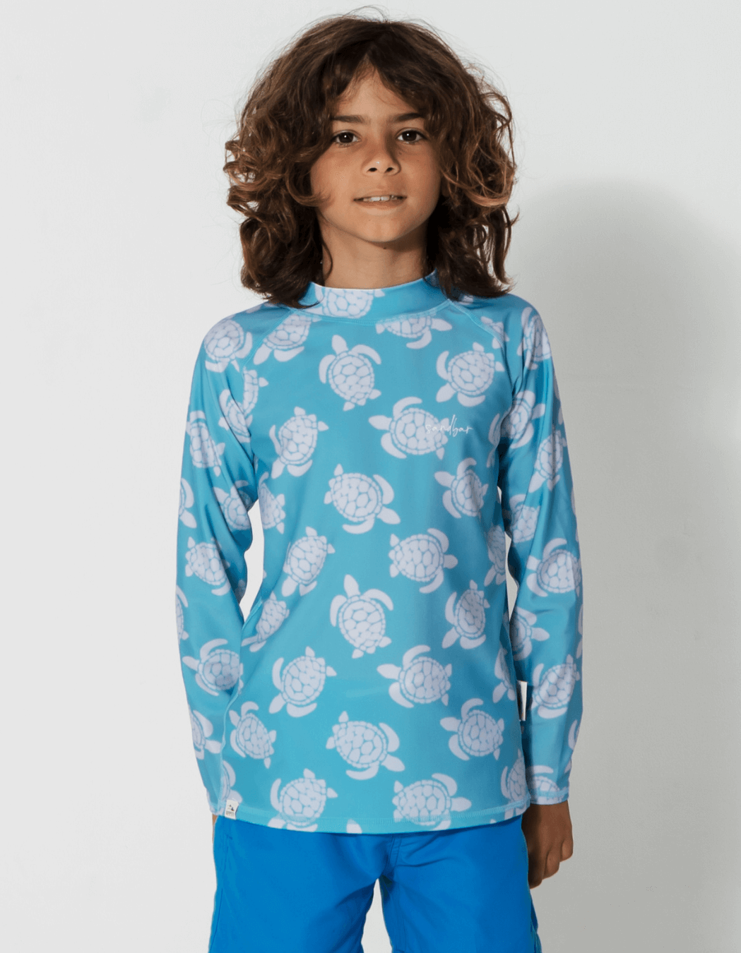 Maldives Blue Turtle Rash Guard, print detail. Kids UPF50 rash guard.